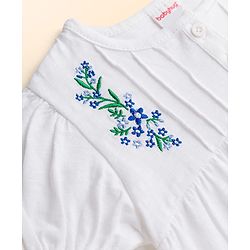 Babyhug Single Jersey Knit Half Sleeves Top & Denim Shorts Set with Floral Embroidery - White & Blue