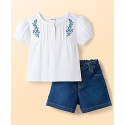 Babyhug Single Jersey Knit Half Sleeves Top & Denim Shorts Set with Floral Embroidery - White & Blue