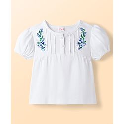 Babyhug Single Jersey Knit Half Sleeves Top & Denim Shorts Set with Floral Embroidery - White & Blue