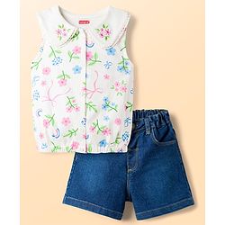 Babyhug Single Jersey Knit Sleeveless Top & Denim Shorts Set with Floral Print - Multicolor