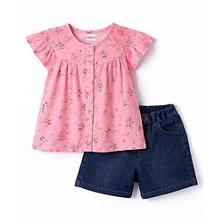 Babyhug Single Jersey Knit Half Sleeves Top & Denim Shorts Set With Floral Print - Pink & Blue