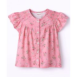 Babyhug Single Jersey Knit Half Sleeves Top & Denim Shorts Set With Floral Print - Pink & Blue