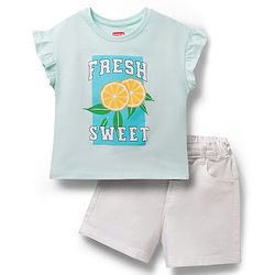 Babyhug Single Jersey Knit Half Frill Sleeves Top & Denim Shorts Set with Fresh Sweet Print - Blue & White