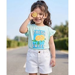 Babyhug Single Jersey Knit Half Frill Sleeves Top & Denim Shorts Set with Fresh Sweet Print - Blue & White