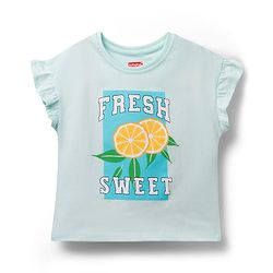 Babyhug Single Jersey Knit Half Frill Sleeves Top & Denim Shorts Set with Fresh Sweet Print - Blue & White