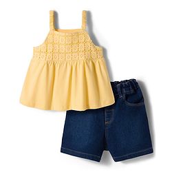 Babyhug Single Jersey Knit Sleeveless Schiffili Top & Denim Shorts Set - Yellow & Blue