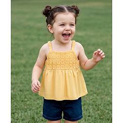 Babyhug Single Jersey Knit Sleeveless Schiffili Top & Denim Shorts Set - Yellow & Blue