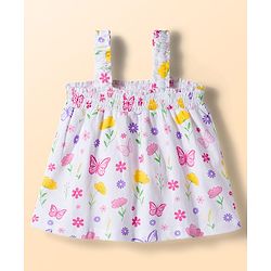 Babyhug Single Jersey Knit Sleeveless Top & Denim Shorts Set With Floral & Butterfly Print - White & Pink