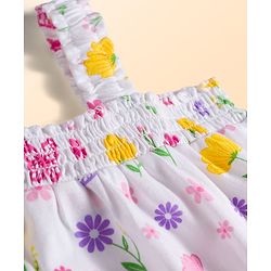 Babyhug Single Jersey Knit Sleeveless Top & Denim Shorts Set With Floral & Butterfly Print - White & Pink