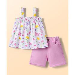 Babyhug Single Jersey Knit Sleeveless Top & Denim Shorts Set With Floral & Butterfly Print - White & Pink