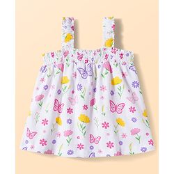 Babyhug Single Jersey Knit Sleeveless Top & Denim Shorts Set With Floral & Butterfly Print - White & Pink