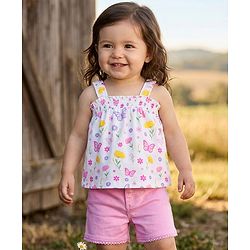 Babyhug Single Jersey Knit Sleeveless Top & Denim Shorts Set With Floral & Butterfly Print - White & Pink