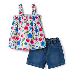 Babyhug Single Jersey Knit Sleeveless Top & Denim Shorts Set with Floral Print - Blue