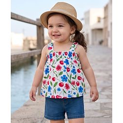 Babyhug Single Jersey Knit Sleeveless Top & Denim Shorts Set with Floral Print - Blue