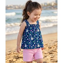 Babyhug Single Jersey Knit Sleeveless Top & Denim Shorts Set With Floral Print - Navy Blue & Pink