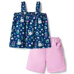 Babyhug Single Jersey Knit Sleeveless Top & Denim Shorts Set With Floral Print - Navy Blue & Pink