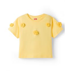 Babyhug Single Jersey Knit Half Sleeves Top & Denim Shorts Set with Crochet Floral Applique - Yellow & Blue