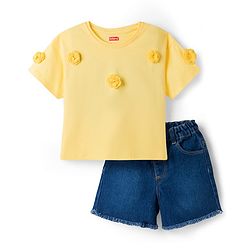 Babyhug Single Jersey Knit Half Sleeves Top & Denim Shorts Set with Crochet Floral Applique - Yellow & Blue