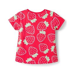 Babyhug Single Jersey Knit Half Sleeves Top & Denim Shorts Set With Strawberry Print - Red & Blue