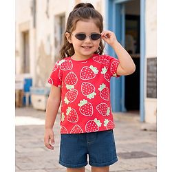 Babyhug Single Jersey Knit Half Sleeves Top & Denim Shorts Set With Strawberry Print - Red & Blue