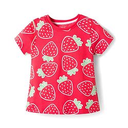 Babyhug Single Jersey Knit Half Sleeves Top & Denim Shorts Set With Strawberry Print - Red & Blue