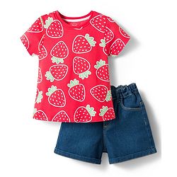 Babyhug Single Jersey Knit Half Sleeves Top & Denim Shorts Set With Strawberry Print - Red & Blue