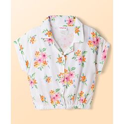 Babyhug Single Jersey Knit Half Sleeves Top & Denim Shorts Set With Floral Print - White & Blue