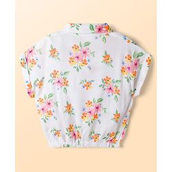 Babyhug Single Jersey Knit Half Sleeves Top & Denim Shorts Set With Floral Print - White & Blue