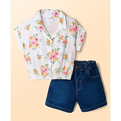 Babyhug Single Jersey Knit Half Sleeves Top & Denim Shorts Set With Floral Print - White & Blue