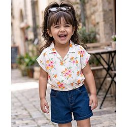 Babyhug Single Jersey Knit Half Sleeves Top & Denim Shorts Set With Floral Print - White & Blue