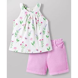 Babyhug Single Jersey Knit Sleeveless Floral Printed Top & Shorts Set - White & Pink