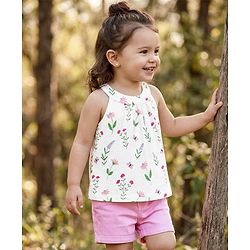 Babyhug Single Jersey Knit Sleeveless Floral Printed Top & Shorts Set - White & Pink