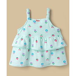 Babyhug Single Jersey Knit Sleeveless Floral & Fruits Printed Top & Denim Shorts Set - Blue