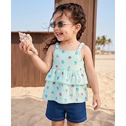 Babyhug Single Jersey Knit Sleeveless Floral & Fruits Printed Top & Denim Shorts Set - Blue