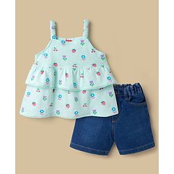 Babyhug Single Jersey Knit Sleeveless Floral & Fruits Printed Top & Denim Shorts Set - Blue