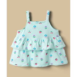 Babyhug Single Jersey Knit Sleeveless Floral & Fruits Printed Top & Denim Shorts Set - Blue