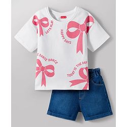 Babyhug Single Jersey Knit Half Sleeves Bow Printed Top & Shorts Set - White & Navy Blue