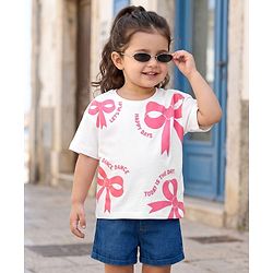 Babyhug Single Jersey Knit Half Sleeves Bow Printed Top & Shorts Set - White & Navy Blue