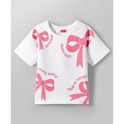 Babyhug Single Jersey Knit Half Sleeves Bow Printed Top & Shorts Set - White & Navy Blue