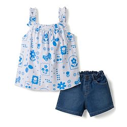 Babyhug Single Jersey Knit Frill Sleeves Top & Denim Shorts Set with Floral Print - Blue & White