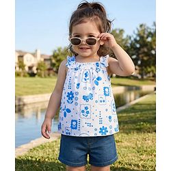 Babyhug Single Jersey Knit Frill Sleeves Top & Denim Shorts Set with Floral Print - Blue & White