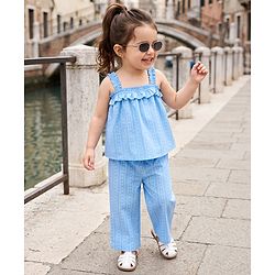 Babyhug Woven Sleeveless Floral Printed & Striped Co-Ords Top & Pant Set - Light Blue