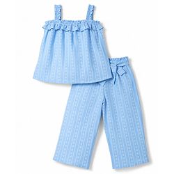 Babyhug Woven Sleeveless Floral Printed & Striped Co-Ords Top & Pant Set - Light Blue