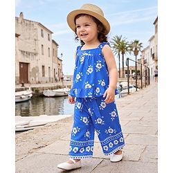 Babyhug Woven Sleeveless Floral Printed Co-Ords Top & Pant Set - Blue