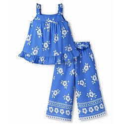 Babyhug Woven Sleeveless Floral Printed Co-Ords Top & Pant Set - Blue
