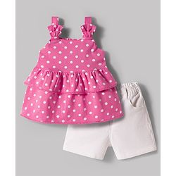 Babyhug Single Jersey Knit Sleeveless Polka Dot Printed Top & Denim Shorts Set - Pink & White