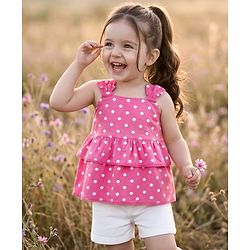 Babyhug Single Jersey Knit Sleeveless Polka Dot Printed Top & Denim Shorts Set - Pink & White