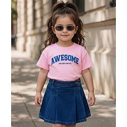 Babyhug Single Jersey Knit Half Sleeves Top & Denim Skirt Set With Awesome Print - Pink & Blue