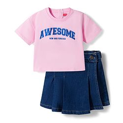 Babyhug Single Jersey Knit Half Sleeves Top & Denim Skirt Set With Awesome Print - Pink & Blue