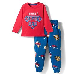 Babyhug Cotton Knit Full Sleeves Text Printed T-Shirt & Pyjama Night Suit - Red & Blue